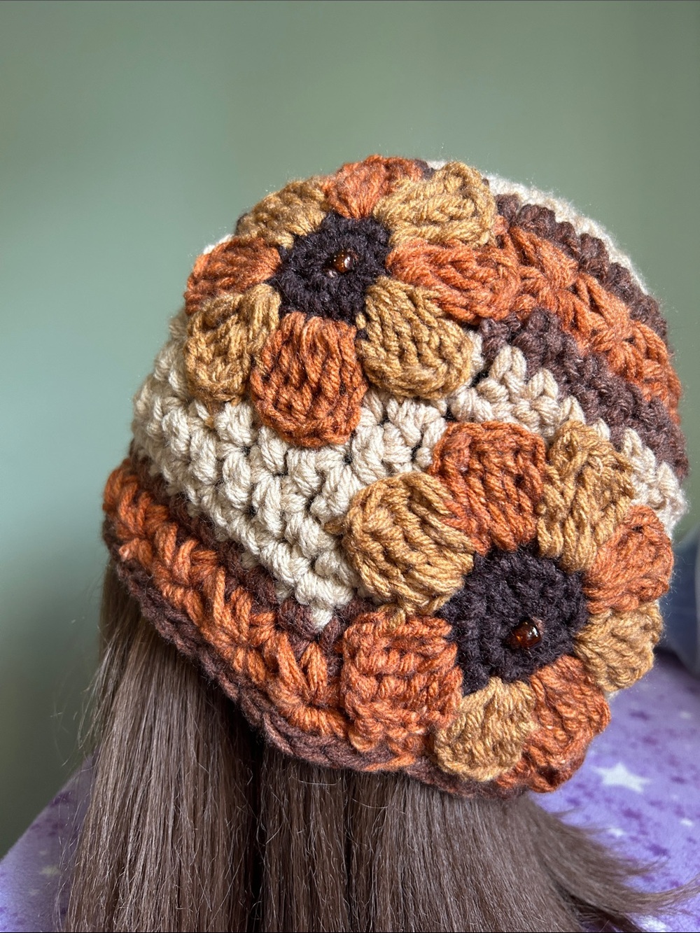 Crochet Flower Beanie - Cream & Burnt Orange medium acrylic